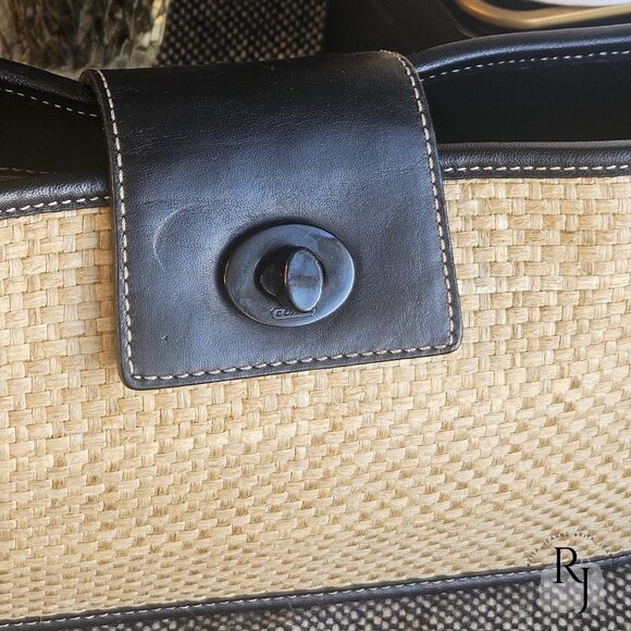 Coach Vintage Straw Tote – Black Leather Trim with Turnlock - Picture 5 of 16